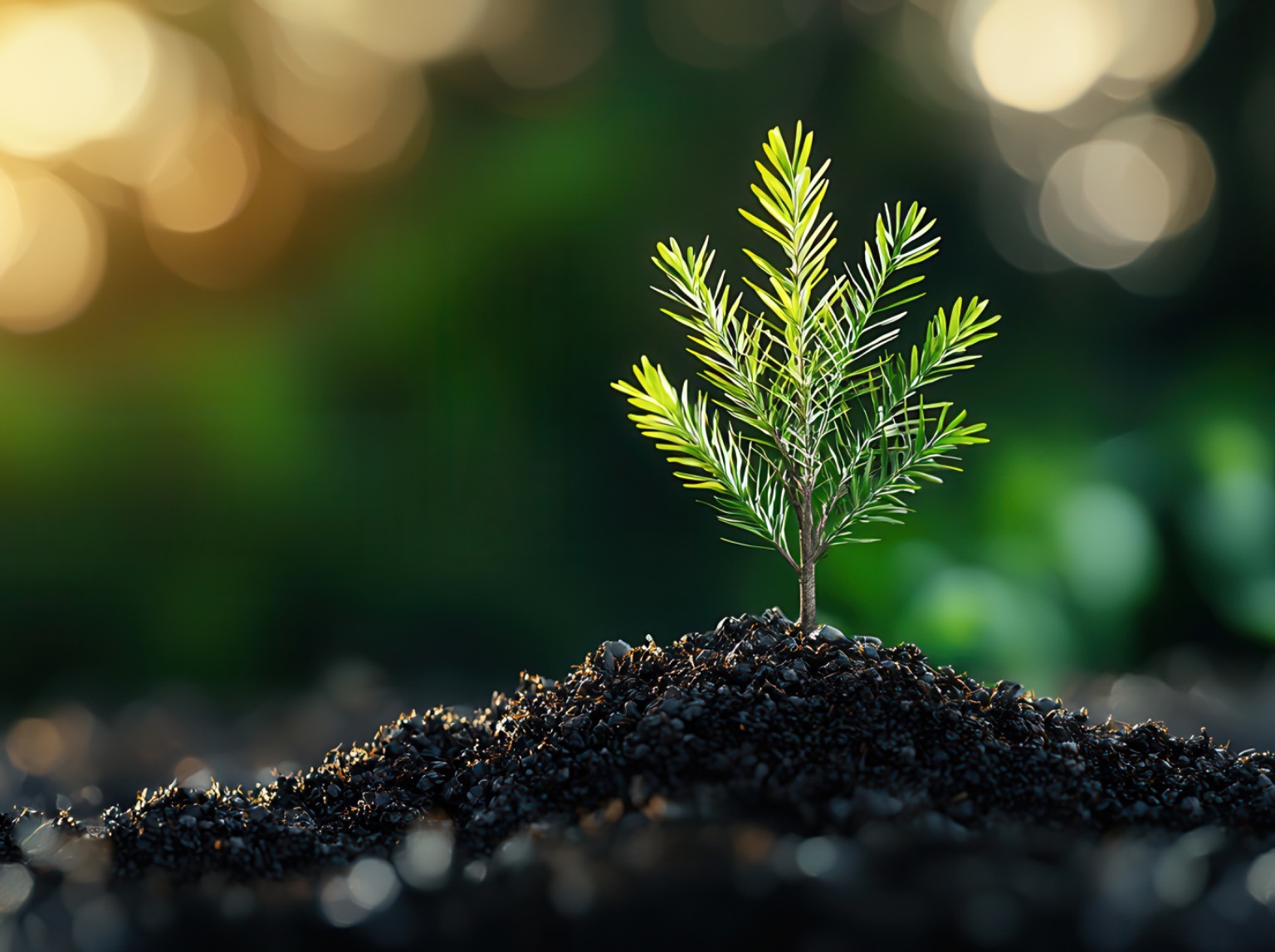 Young evergreen seedling growing in rich soil in warm morning light