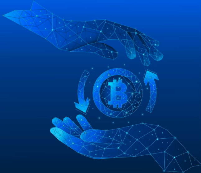 Blue geometric hands surrounding a Bitcoin symbol with circular arrows