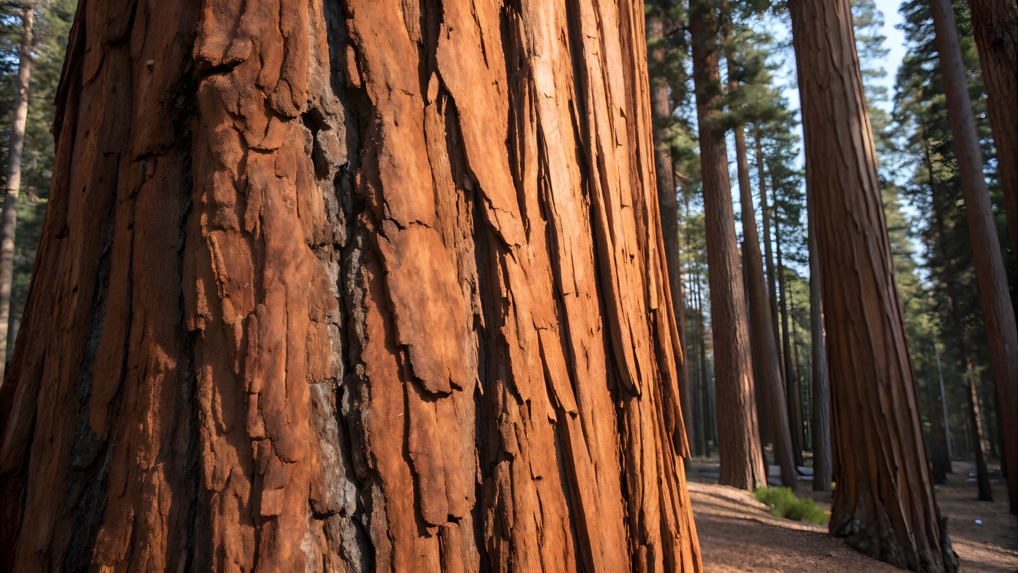 Sunlit sequoia bark and redwood forest — genuine photograph supplied by Gus